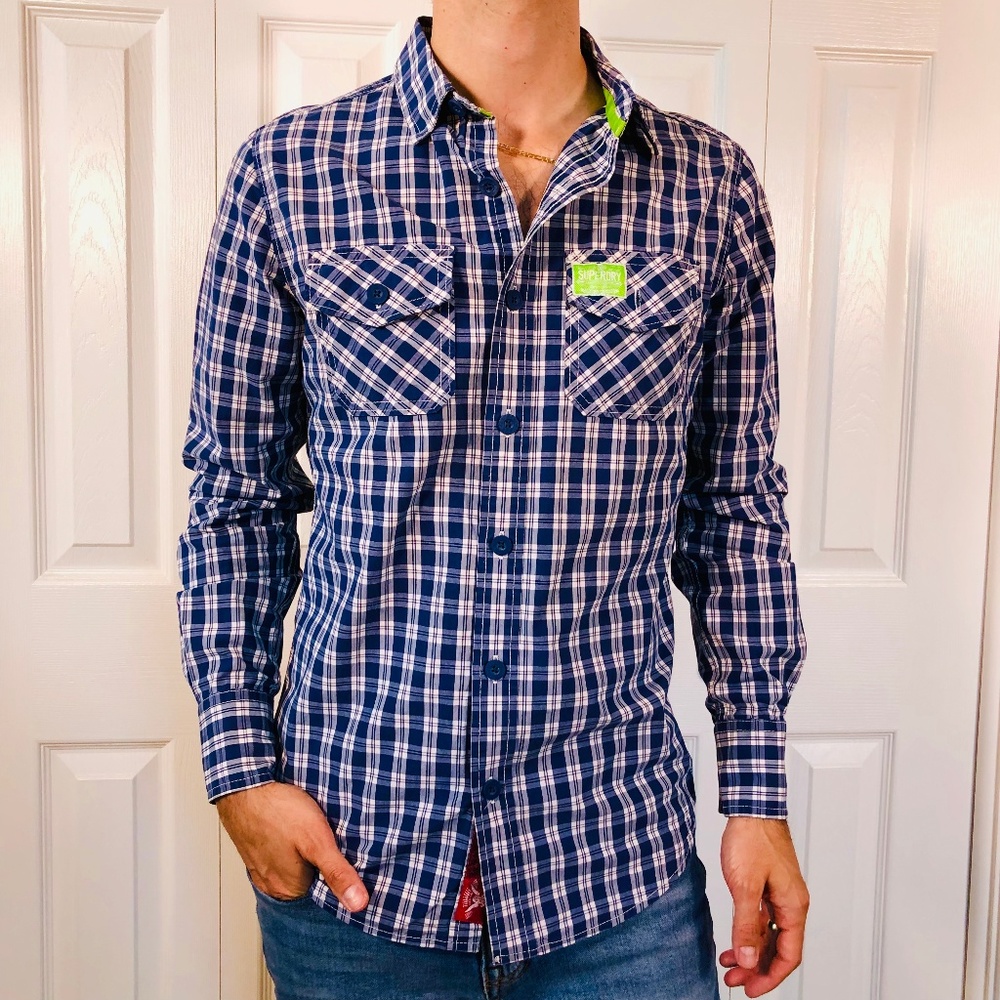 Superdry Blue Check Long Sleeve Washbasket Shirt S - Picture 1 of 8